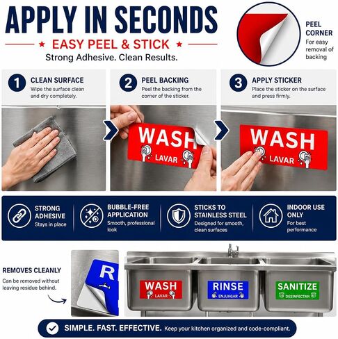 Wash Rinse Sanitize Sink Labels, Commercial Stickers for Triple Sink, Set of 3 Stickers, 7x3 Inches, 1 Set in Kuwait