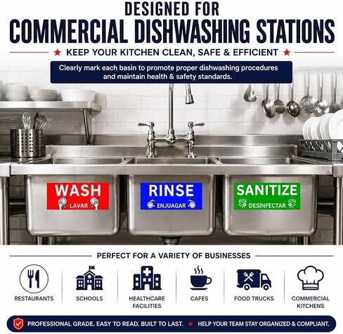 Wash Rinse Sanitize Sink Labels, Commercial Stickers for Triple Sink, Set of 3 Stickers, 7x3 Inches, 1 Set in Kuwait