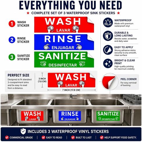 Wash Rinse Sanitize Sink Labels, Commercial Stickers for Triple Sink, Set of 3 Stickers, 7x3 Inches, 1 Set in Kuwait