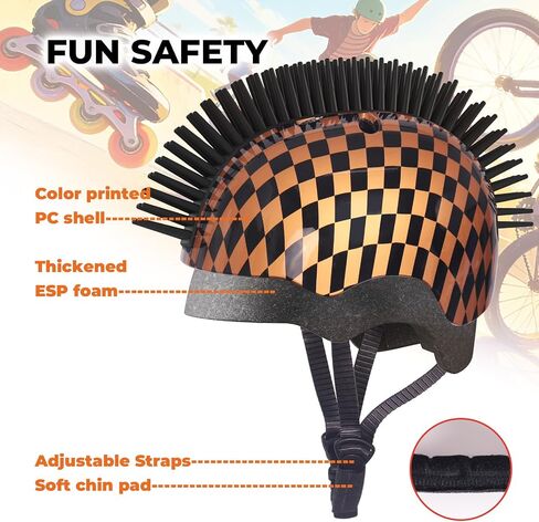 Nattork Child and Toddler Bike Helmets Adjustable and Multi-Sport for Boys and Girls Cool Mohawk Helmet Age 5-8 Checkerboard Style in Kuwait