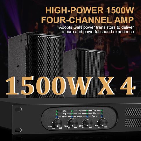 مضخم طاقة احترافي ذو 4 قنوات، 1U 4 × 1500 واط عند مضخم صوت 4 أوم مع اتصال XLR/Speakon، أوضاع استريو/جسر/متوازي، محدد وحماية من الحمل الزائد للمسرح والاستوديو in Kuwait