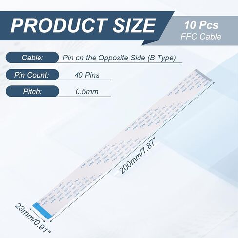 MECCANIXITY 10Pcs Flat Flexible Cable Ribbon Thin FFC Wire, 40 Pin 0.5mm Pitch 200mm Long (B Type) for LCD 3D Printer Camera Laptop Audio in Kuwait