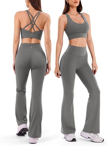 2 Pieces Workout Sets for Women, Supportive Cross Back Sports Bras & Flared High Waisted Leggings, Yoga Pilates Gym Outfits in Kuwait