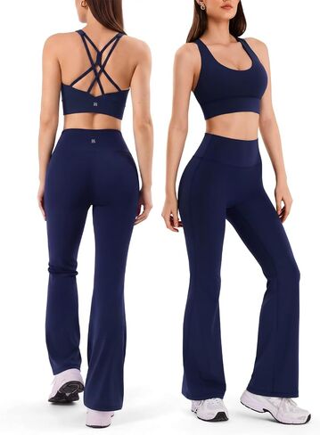 2 Pieces Workout Sets for Women, Supportive Cross Back Sports Bras & Flared High Waisted Leggings, Yoga Pilates Gym Outfits in Kuwait