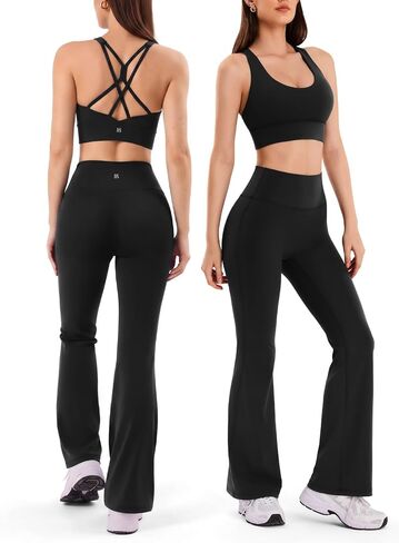 2 Pieces Workout Sets for Women, Supportive Cross Back Sports Bras & Flared High Waisted Leggings, Yoga Pilates Gym Outfits in Kuwait