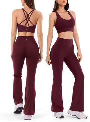 2 Pieces Workout Sets for Women, Supportive Cross Back Sports Bras & Flared High Waisted Leggings, Yoga Pilates Gym Outfits in Kuwait