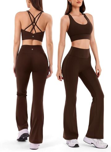 2 Pieces Workout Sets for Women, Supportive Cross Back Sports Bras & Flared High Waisted Leggings, Yoga Pilates Gym Outfits in Kuwait