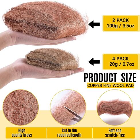 Teenyyou 6 Pcs Copper & Bronze Wool Set, Soft Reusable Polishing Tools for Wood and Metal, Furniture Refinishing, Rust & Oxide Removal, Includes 2 Copper Pads and 4 Bronze Rolls in Kuwait