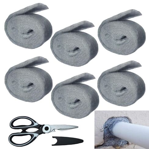 Steel Wool Wire Mesh Mice Control Kit, 6 Rolls 3.5 in x 12.5 FT(Total 75 FT) Steel Wool Gap Filler Kit with Scissors, Rodent Proofing Hole Filler for House Garage Pipeline in Kuwait
