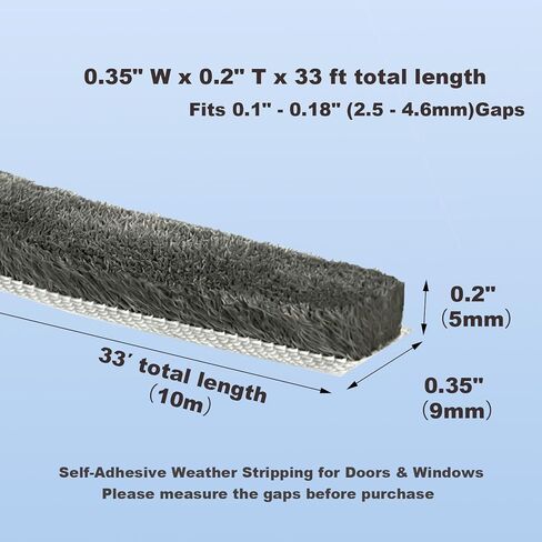 Strong Self-Adhesive Brush Weather Stripping Door Seal Strip | 0.35" Wide x 0.2" Thick x 33 ft, Draft Stopper, Soundproof & Insulation for Exterior Front Doors & Sliding Windows, Gray in Saudi Arabia