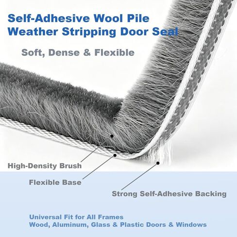 Strong Self-Adhesive Brush Weather Stripping Door Seal Strip | 0.35" Wide x 0.2" Thick x 33 ft, Draft Stopper, Soundproof & Insulation for Exterior Front Doors & Sliding Windows, Gray in Saudi Arabia