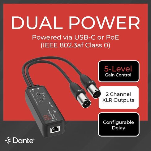 جهاز تشفير الصوت ToVi Dante XLR - محول 2CH XLR إلى Dante، 96 كيلو هرتز/24 بت، AES67، PoE وUSB-C (DXA-XLR-TX) in Kuwait