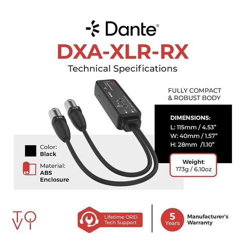 جهاز تشفير الصوت ToVi Dante XLR - محول 2CH XLR إلى Dante، 96 كيلو هرتز/24 بت، AES67، PoE وUSB-C (DXA-XLR-TX) in Kuwait