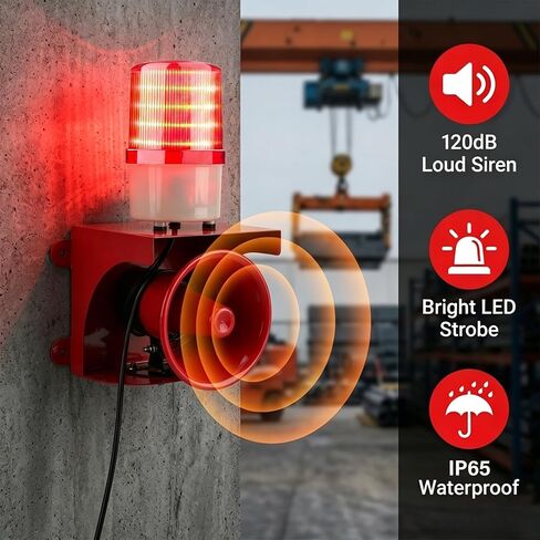 110V Industrial Siren Alarm Strobe Light 120dB IP65 150m Range | 24 LED, Thickened One-Piece Metal, Safety Emergency Warning for Fire Factory Warehouse Garage Intruders Farm Deterrent in Kuwait