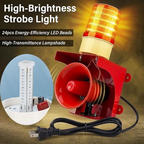 110V Industrial Siren Alarm Strobe Light 120dB IP65 150m Range | 24 LED, Thickened One-Piece Metal, Safety Emergency Warning for Fire Factory Warehouse Garage Intruders Farm Deterrent in Kuwait