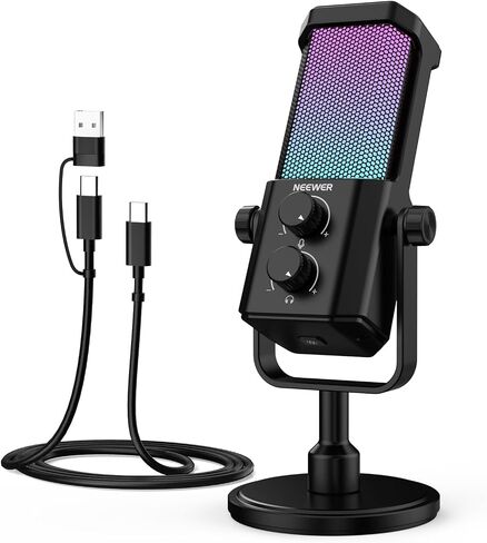 NEEWER UM01 AI ميكروفون USB بخاصية إلغاء الضوضاء، التوصيل والتشغيل Cardioid RGB مكثف ميكروفون كتم الصوت / مزامنة الموسيقى / التحكم في التطبيقات لأجهزة Android Windows PC Mac PS4/5 تسجيل الألعاب بث البث الصوتي ستوديو الكمبيوتر in Kuwait