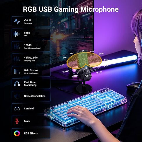 NEEWER UM01 AI ميكروفون USB بخاصية إلغاء الضوضاء، التوصيل والتشغيل Cardioid RGB مكثف ميكروفون كتم الصوت / مزامنة الموسيقى / التحكم في التطبيقات لأجهزة Android Windows PC Mac PS4/5 تسجيل الألعاب بث البث الصوتي ستوديو الكمبيوتر in Kuwait