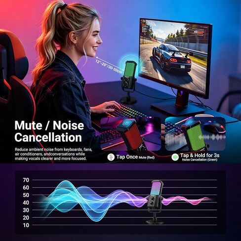 NEEWER UM01 AI ميكروفون USB بخاصية إلغاء الضوضاء، التوصيل والتشغيل Cardioid RGB مكثف ميكروفون كتم الصوت / مزامنة الموسيقى / التحكم في التطبيقات لأجهزة Android Windows PC Mac PS4/5 تسجيل الألعاب بث البث الصوتي ستوديو الكمبيوتر in Kuwait