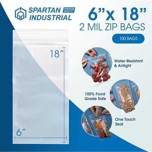 Spartan Industrial - أكياس بسحاب طويلة جدًا مقاس 6 × 18 بوصة (عدد 100) - أكياس بولي بسحاب شفافة قابلة لإعادة الإغلاق بحجم 2 مل لمجموعات الحرف اليدوية والنسيج والتخزين الموسمي والتعبئة والتغليف in Kuwait