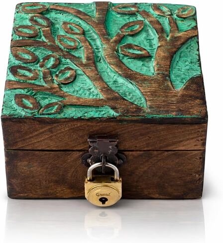 Great Birthday Gift Handmade Decorative Wooden Jewelry Box With Tree Of Life Carving & Lock & Key Jewelry Organizer Keepsake Box Treasure Chest Trinket Holder Watch Box Storage Lock Box (Green) in Saudi Arabia