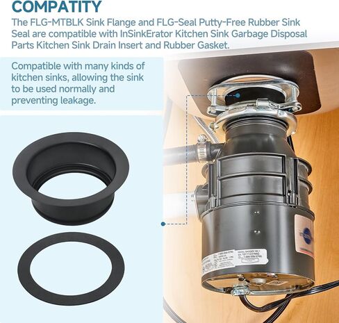 شفة التخلص من القمامة في حوض المطبخ FLG-MTBLK مع FLG-Seal للتخلص من القمامة خالية من المعجون، ملحق سدادة مطاطية للحوض يناسب التخلص من القمامة في InSinKerator، شفة تصريف المطبخ باللون الأسود غير اللامع in Kuwait