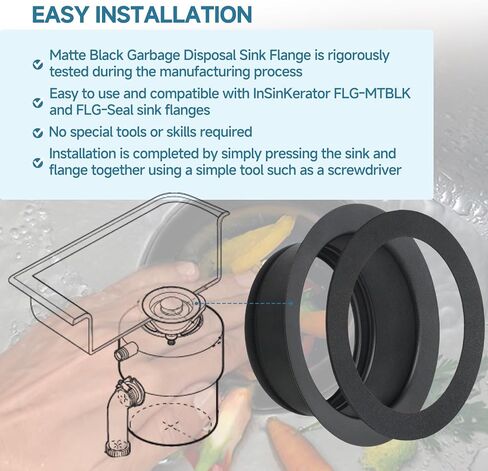 شفة التخلص من القمامة في حوض المطبخ FLG-MTBLK مع FLG-Seal للتخلص من القمامة خالية من المعجون، ملحق سدادة مطاطية للحوض يناسب التخلص من القمامة في InSinKerator، شفة تصريف المطبخ باللون الأسود غير اللامع in Kuwait