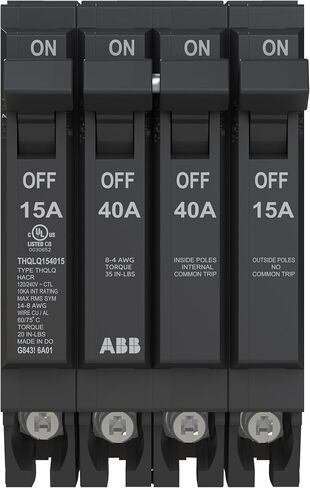قاطع دائرة رباعي ABB Q-Line® THQLQ154015 • تكوين 15A/1P، 40A/2P، 15A/1P • 120/240 VAC • تصنيف مقاطعة 10 kAIC • قاطع توصيل مغناطيسي حراري لمراكز التحميل in Kuwait