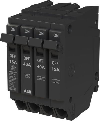 قاطع دائرة رباعي ABB Q-Line® THQLQ154015 • تكوين 15A/1P، 40A/2P، 15A/1P • 120/240 VAC • تصنيف مقاطعة 10 kAIC • قاطع توصيل مغناطيسي حراري لمراكز التحميل in Kuwait
