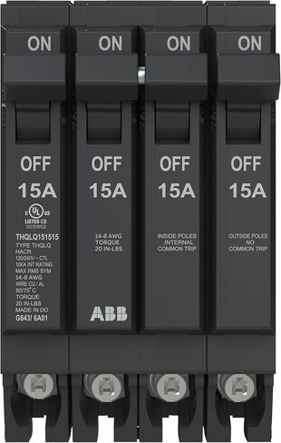 ABB Q-Line® THQLQ151515 Quad Circuit Breaker • 15A/1P, 15A/2P, 15A/1P Configuration • 120/240 VAC • 10 kAIC Interrupt Rating • Thermal Magnetic Plug-On Breaker for Load Centers in Kuwait