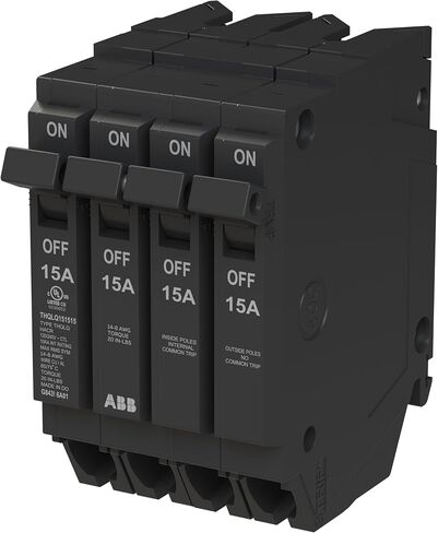 ABB Q-Line® THQLQ151515 Quad Circuit Breaker • 15A/1P, 15A/2P, 15A/1P Configuration • 120/240 VAC • 10 kAIC Interrupt Rating • Thermal Magnetic Plug-On Breaker for Load Centers in Kuwait