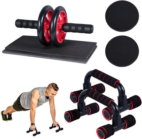 طقم عجلات AB مكون من 7 قطع مع قضبان دفع لأعلى، ومنصات للركبة، ومزلقات أساسية، معدات تمارين البطن 4 في 1 للصالة الرياضية المنزلية، مجموعة التمارين الأساسية للرجال والنساء، معدات اللياقة البدنية الكاملة in Kuwait