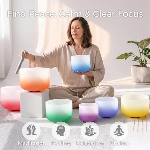 CVNC Chakra Tuned 432hz مجموعة من 7 أوعية تغني كريستال كوارتز متدرجة الألوان 7-12 بوصة مع حقائب حمل شديدة التحمل ومضارب وعاء الغناء in Kuwait