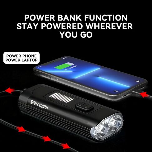 مصباح دراجة LED Venzio 1000 Lumens أمامي USB-C قابل لإعادة الشحن، مصباح أمامي بطارية 4800 مللي أمبير في الساعة، IPX4 مقاوم للماء، 8 أوضاع إضاءة متعددة الوظائف للركوب الليلي، الطريق، الجبال، واستخدام الركاب in Kuwait