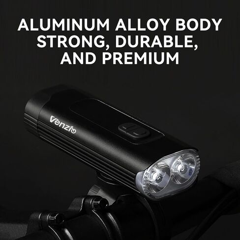 مصباح دراجة LED Venzio 1000 Lumens أمامي USB-C قابل لإعادة الشحن، مصباح أمامي بطارية 4800 مللي أمبير في الساعة، IPX4 مقاوم للماء، 8 أوضاع إضاءة متعددة الوظائف للركوب الليلي، الطريق، الجبال، واستخدام الركاب in Kuwait