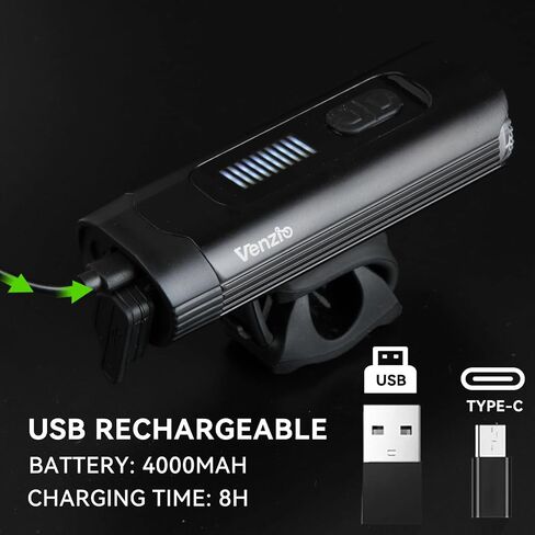 مصباح دراجة LED Venzio 1000 Lumens أمامي USB-C قابل لإعادة الشحن، مصباح أمامي بطارية 4800 مللي أمبير في الساعة، IPX4 مقاوم للماء، 8 أوضاع إضاءة متعددة الوظائف للركوب الليلي، الطريق، الجبال، واستخدام الركاب in Kuwait