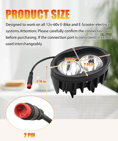 مصباح أمامي LED أبيض للدراجة الإلكترونية 2-Pin 6000K متوافق مع دراجات Vamoose Mammoth Rad Power RadMini RadRover RadExpand RadRunner in Kuwait