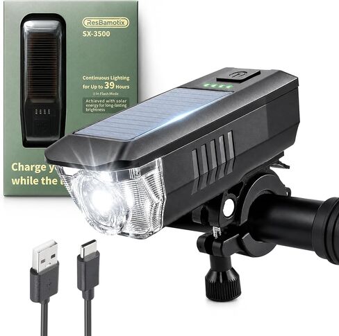 Solar USB-C Rechargeable Bike Light, Waterproof Headlight | Solar & USB-C Rechargeable | IP65 Waterproof | Anti-Glare Beam | Mountain & Road Cycling in Kuwait