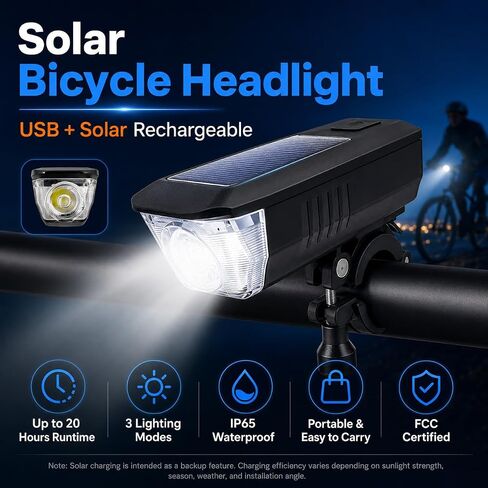 Solar USB-C Rechargeable Bike Light, Waterproof Headlight | Solar & USB-C Rechargeable | IP65 Waterproof | Anti-Glare Beam | Mountain & Road Cycling in Kuwait