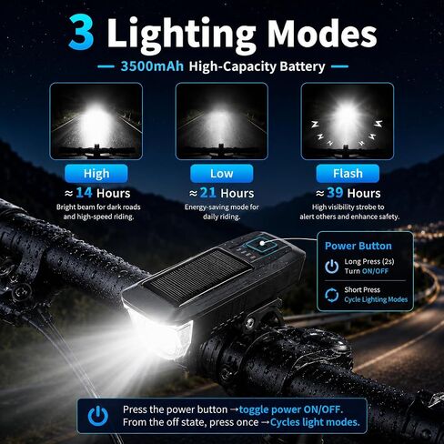 Solar USB-C Rechargeable Bike Light, Waterproof Headlight | Solar & USB-C Rechargeable | IP65 Waterproof | Anti-Glare Beam | Mountain & Road Cycling in Kuwait