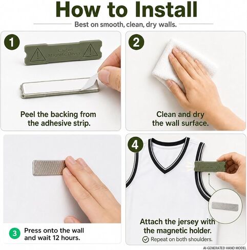 Jersey Hanger for Wall, Magnetic Jersey Display Hanger with No-Drill Adhesive Mount on Smooth, Clean Walls for a Floating Jersey Display, 12-Pack, 2.52 x 0.62 x 0.24 in in Kuwait
