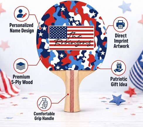Personalized Name USA Camo Ping Pong Paddle, America 250 Anniversary Table Tennis Racket, Custom Patriotic USA Gift, Premium 5 Ply Paddle with Direct Imprint in Saudi Arabia