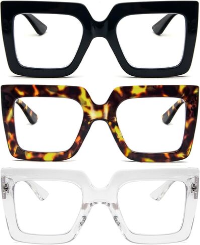 REAVEE 3 Pack Oversized Reading Glasses for Women Large Frame Extra Wide, Blue Light Blocking Stylish Thick Square Readers in Kuwait