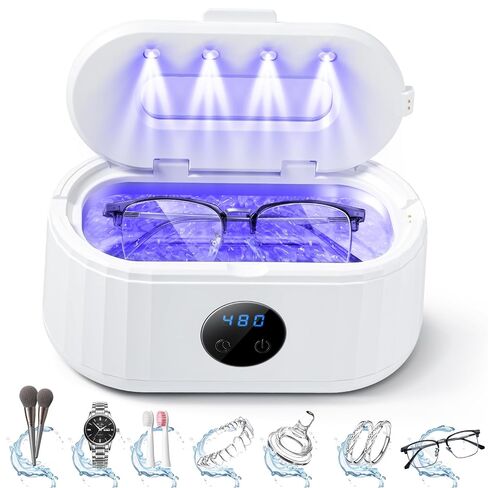 Ultrasonic Jewelry Cleaner,49Khz Ultrasonic Cleaner Machine for Dentures, Eyeglasses,Watch Strap, Braces, Rings, Jewelry, 5 Cleaning Modes with Blue Light and LED Display (White) in Kuwait