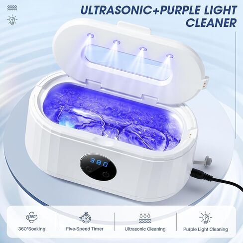 Ultrasonic Jewelry Cleaner,49Khz Ultrasonic Cleaner Machine for Dentures, Eyeglasses,Watch Strap, Braces, Rings, Jewelry, 5 Cleaning Modes with Blue Light and LED Display (White) in Kuwait
