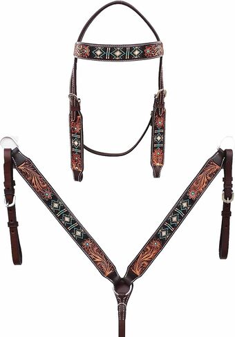 عرض الخيل اللجام الجلد الغربي الغربي العتيقة الأزهار المزخرفة الجلود مطرز اللجام طوق الثدي تك 79RS01B in Kuwait