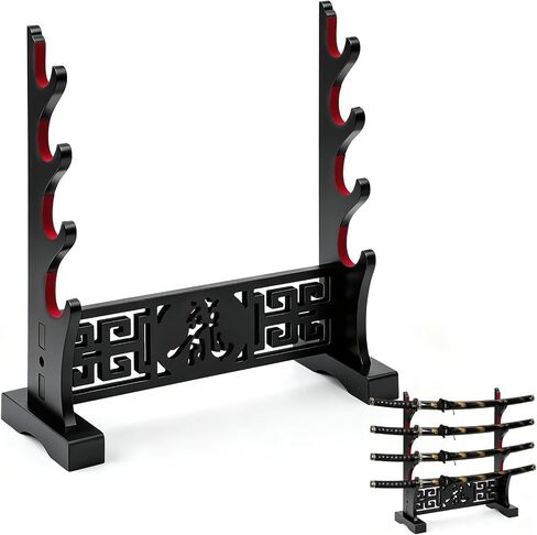 Barydat 4 Tier Katana Sword Stand with Warrior Cutout Design, Heavy Base Wooden Samurai Sword Holder with Velvet Pads, Stable Tabletop Stand Japanese Wakizashi Hobby Collection Gifts for Men in Kuwait