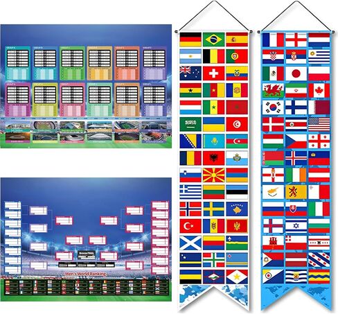 KCNVLCK 2026 Global Football Tournament Wallchart and International Flag Banners Combo, 4 Pcs Match Tracker Posters and Porch Signs for Multi-Team Group Stage, Sports Bar and Home Viewing Supplies in Kuwait