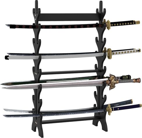 lukar 8 Tier Double Side Sword Stand Floor، حامل خشبي لرف السيف 16، يحمل ما يصل إلى 16 سيوفًا، حامل سيف الساموراي الأسود، حامل عرض كاتانا in Kuwait