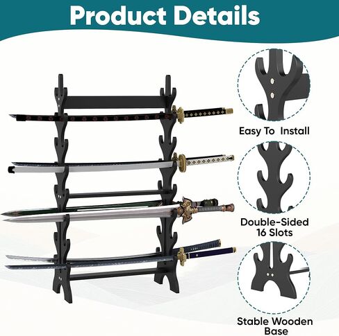 lukar 8 Tier Double Side Sword Stand Floor، حامل خشبي لرف السيف 16، يحمل ما يصل إلى 16 سيوفًا، حامل سيف الساموراي الأسود، حامل عرض كاتانا in Kuwait