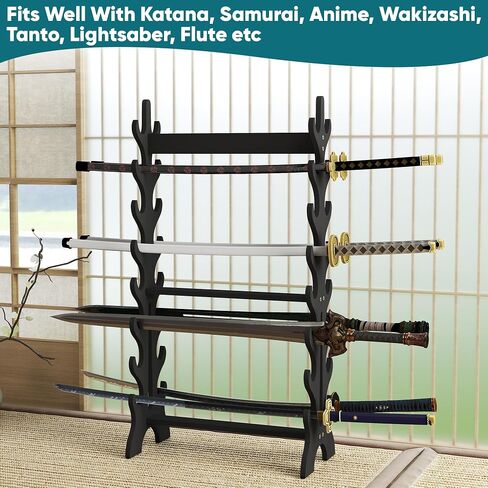 lukar 8 Tier Double Side Sword Stand Floor، حامل خشبي لرف السيف 16، يحمل ما يصل إلى 16 سيوفًا، حامل سيف الساموراي الأسود، حامل عرض كاتانا in Kuwait